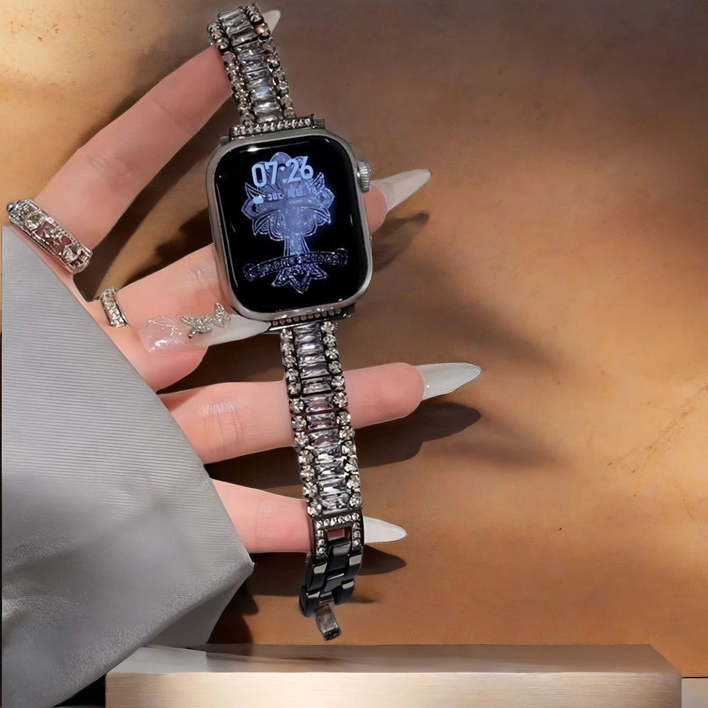 Full diamond three-row zirconium metal watch strap suitable for Apple Watch