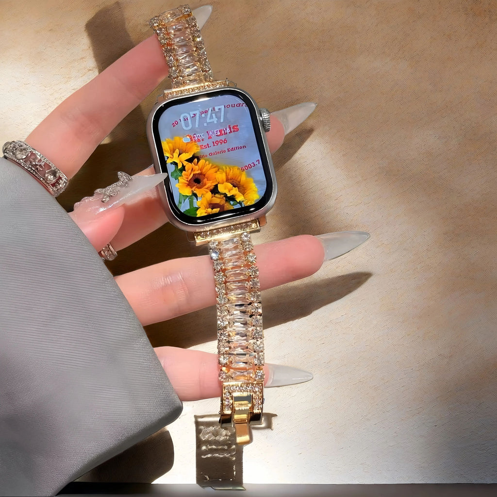 Full diamond three-row zirconium metal watch strap suitable for Apple Watch